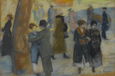 シティシーン、c.1910（壁紙の断片の裏側にパステル）